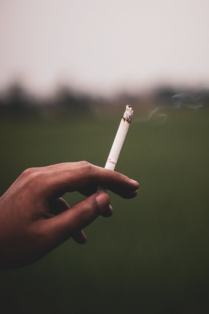 our-experience Close-up of a hand holding a lit cigarette with blurred outdoor background.