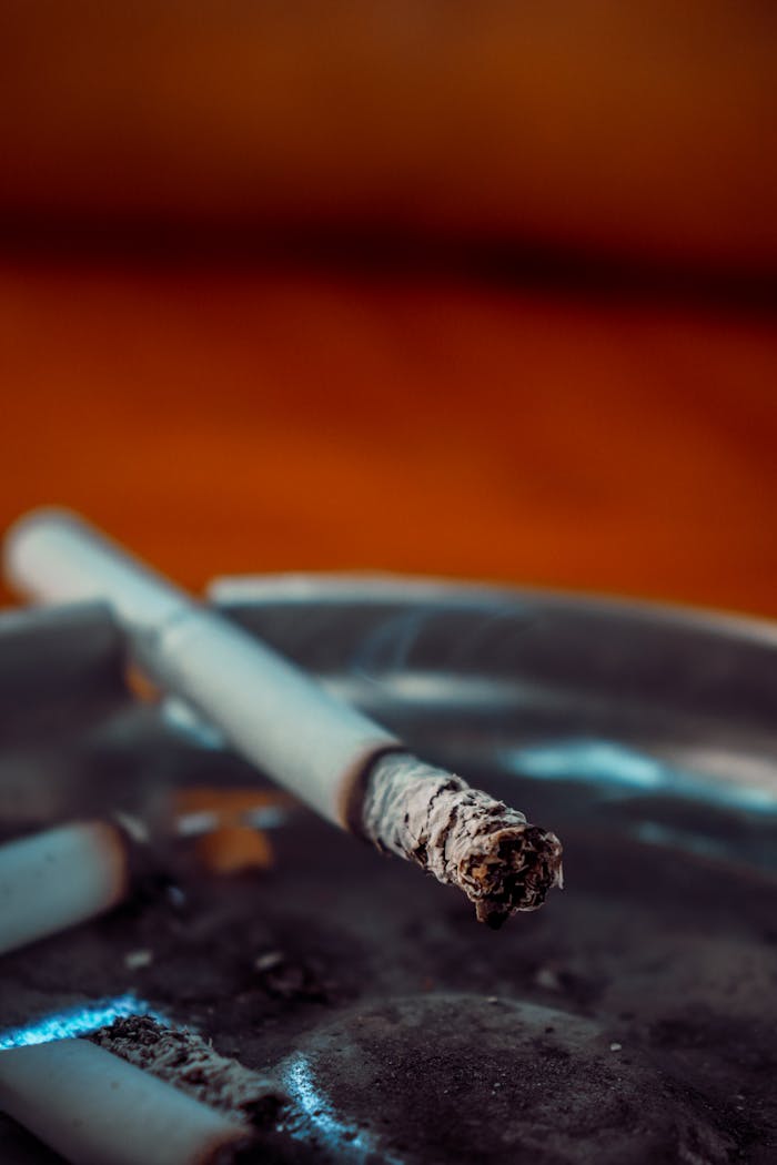 services-03 Smoking cigarette in a metal ashtray with a blurred background depicting an unhealthy habit.